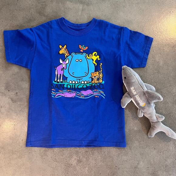Hanes San Diego Zoo Blue cotton 2 sided tshirt shark plush boys youth small top - Picture 1 of 6